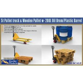 5t Pallet Truck & Wooden Pallet with 200 Litre Oil Drum and Plastic Barrel